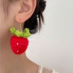 Handmade Crochet Cute Red Strawberries Drop Earrings